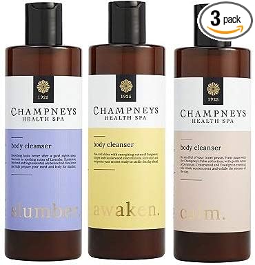 (Pack of 3) Champneys Awaken, Slumber & Calm Body Cleanser x 350ml Bergamont, Lavender, Patchouli, Cedarwood, Geranium essential oil notes